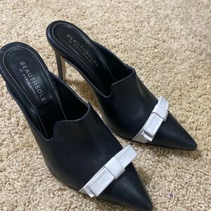 Beautiisoles NEW Lisa pointed toe mules heels black white bow size 10